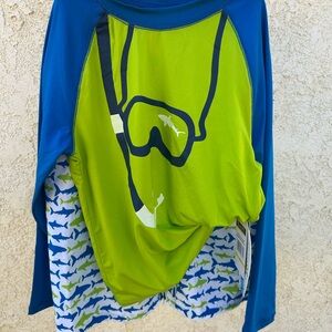 Kids Lime Green & Blue Rashguard Set - Long Sleeve Swim Top with Shark Shorts